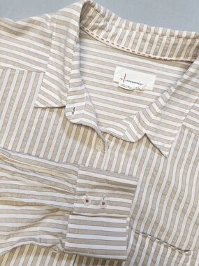 By Anthropologie Beige White Striped Button Down Shirt Dress Tunic Large Linen
